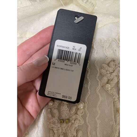 Guess New Cream Sheer Long Sleeve Embellished Nylon Blouse Top Medium - Picture 5 of 7